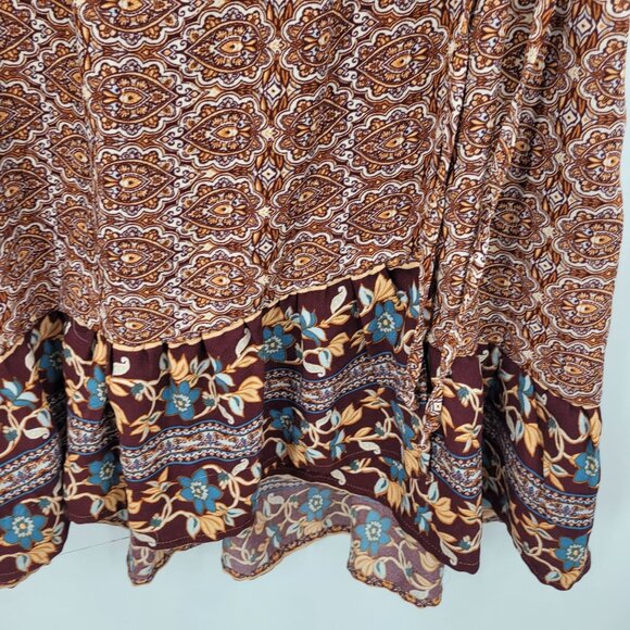 Y2K Boho Flutter Sleeve Faux Wrap Baby Doll Mini Dress Sz M Ruffle Hem Brown - Picture 8 of 13